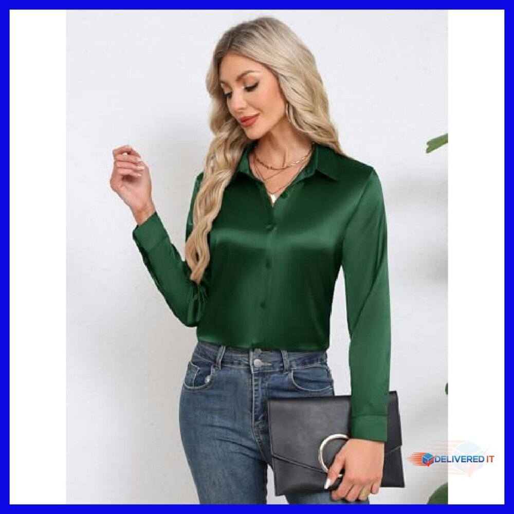 Satin Silk Button Down Blouse Loose Fit Long Sleeve V Neck Tunic - Picture 3 of 8